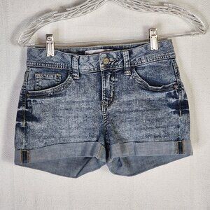 No Boundaries Acid Wash Denim Button Back Pocket Cotton Poly Span Shorts Size 5